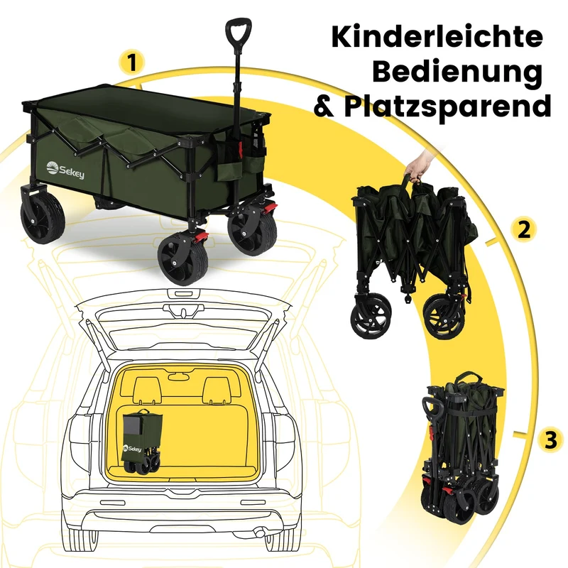 Sekey 4020 Faltbarer Bollerwagen 150kg mit Bremsen & Breitreifen – Robuster Handwagen für Gelände & Outdoor