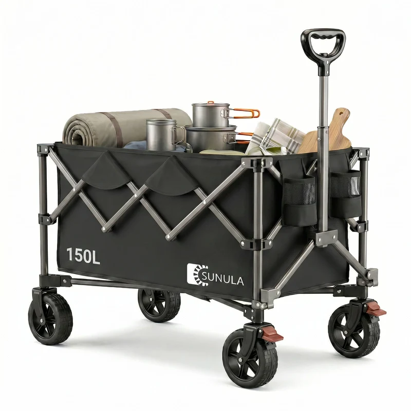 Sunula Faltbarer Bollerwagen 120 kg – 150L Handwagen mit Geländerädern, Bremsen & Einhandgriff, 3024