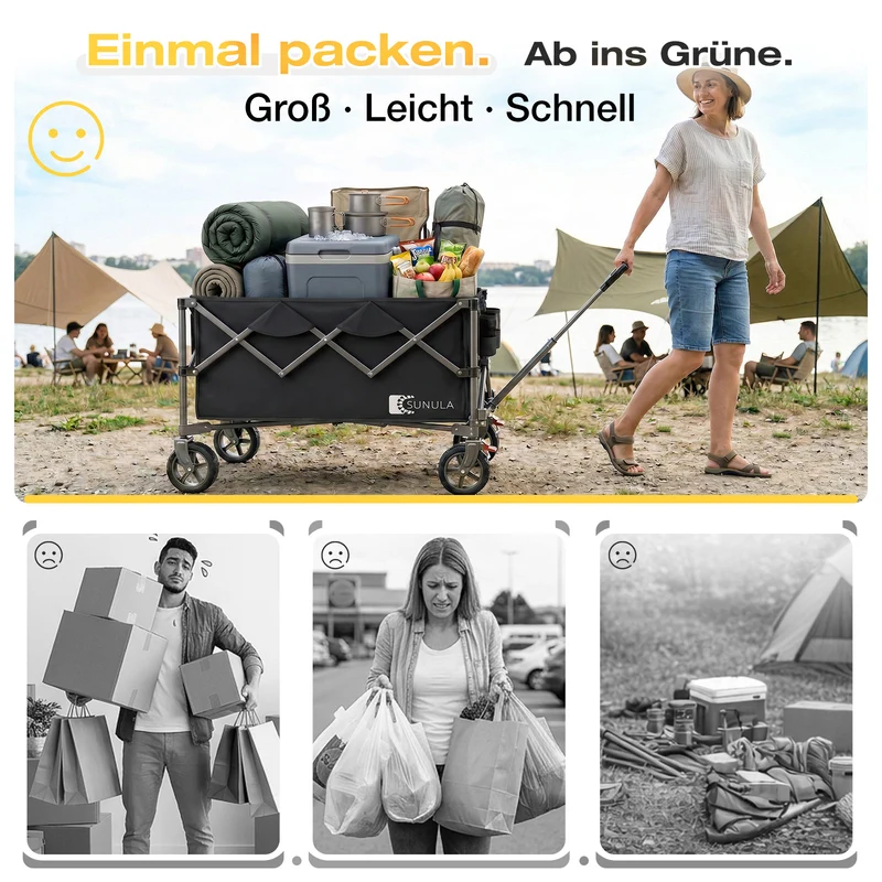 Sunula Faltbarer Bollerwagen 120 kg – 150L Handwagen mit Geländerädern, Bremsen & Einhandgriff, 3024