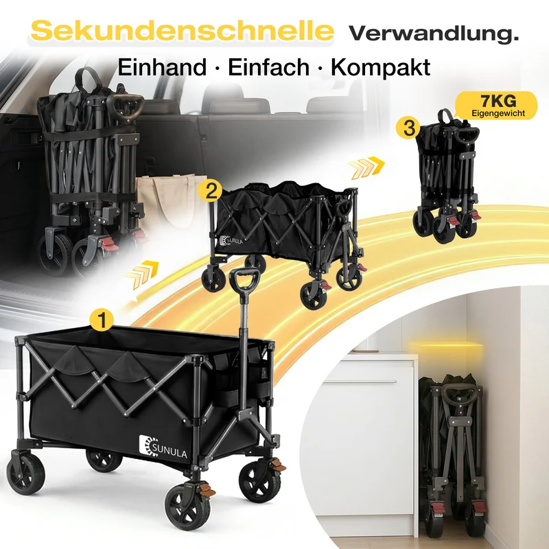 Sunula Faltbarer Bollerwagen 120 kg – 150L Handwagen mit Geländerädern, Bremsen & Einhandgriff, 3024