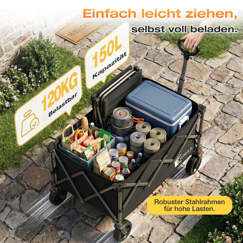 Sunula Faltbarer Bollerwagen 120 kg – 150L Handwagen mit Geländerädern, Bremsen & Einhandgriff, 3024