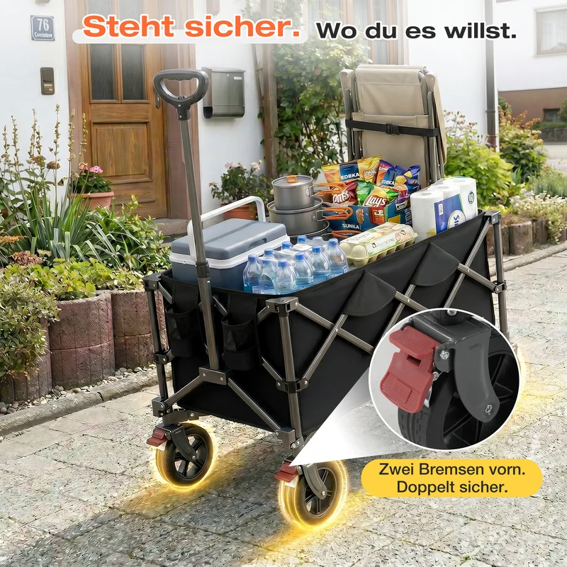 Sunula Faltbarer Bollerwagen 120 kg – 150L Handwagen mit Geländerädern, Bremsen & Einhandgriff, 3024