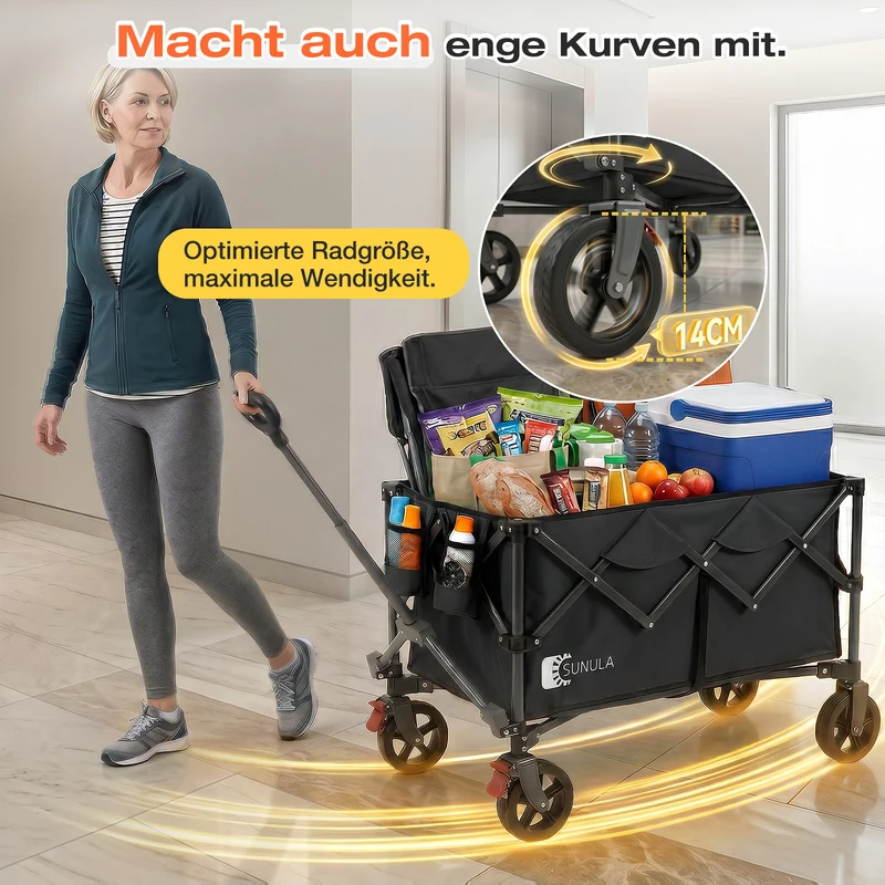 Sunula Faltbarer Bollerwagen 120 kg – 150L Handwagen mit Geländerädern, Bremsen & Einhandgriff, 3024