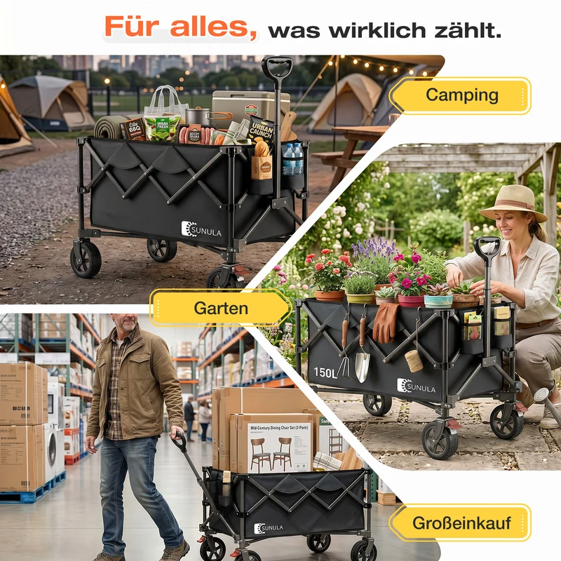 Sunula Faltbarer Bollerwagen 120 kg – 150L Handwagen mit Geländerädern, Bremsen & Einhandgriff, 3024