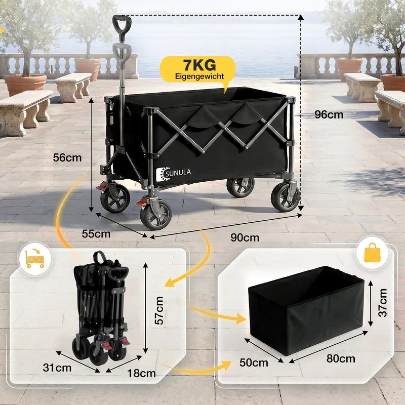 Sunula Faltbarer Bollerwagen 120 kg – 150L Handwagen mit Geländerädern, Bremsen & Einhandgriff, 3024