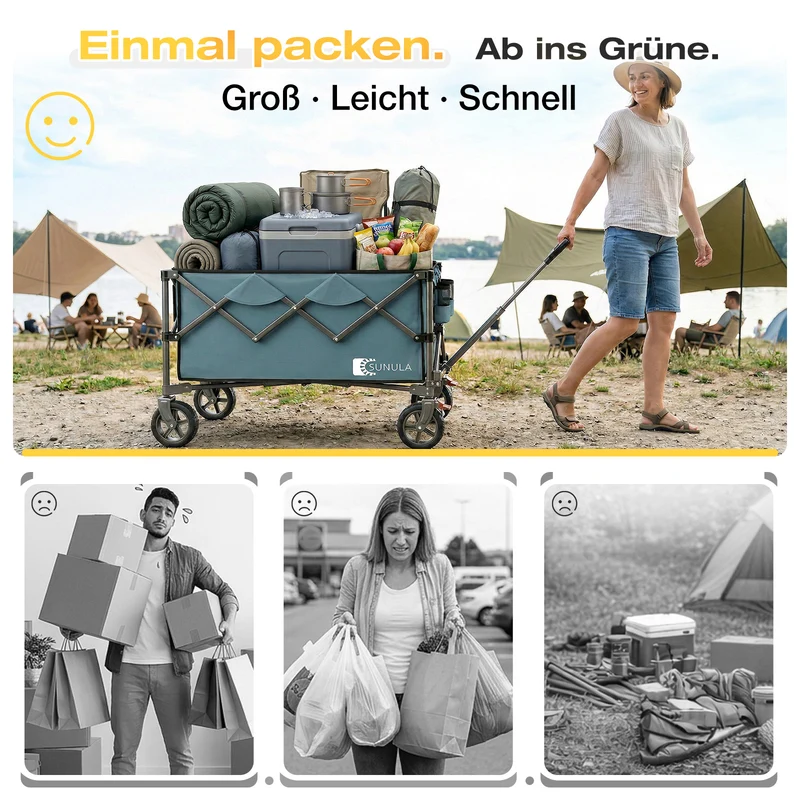 Sunula Faltbarer Bollerwagen 120 kg – 150L Handwagen mit Geländerädern, Bremsen & Einhandgriff, 3024
