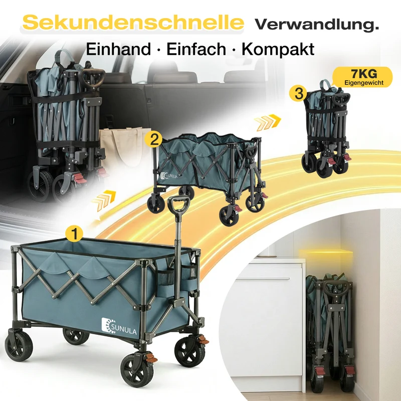 Sunula Faltbarer Bollerwagen 120 kg – 150L Handwagen mit Geländerädern, Bremsen & Einhandgriff, 3024