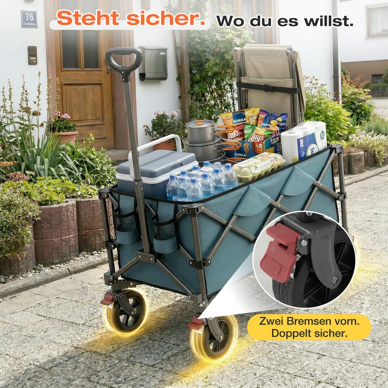 Sunula Faltbarer Bollerwagen 120 kg – 150L Handwagen mit Geländerädern, Bremsen & Einhandgriff, 3024