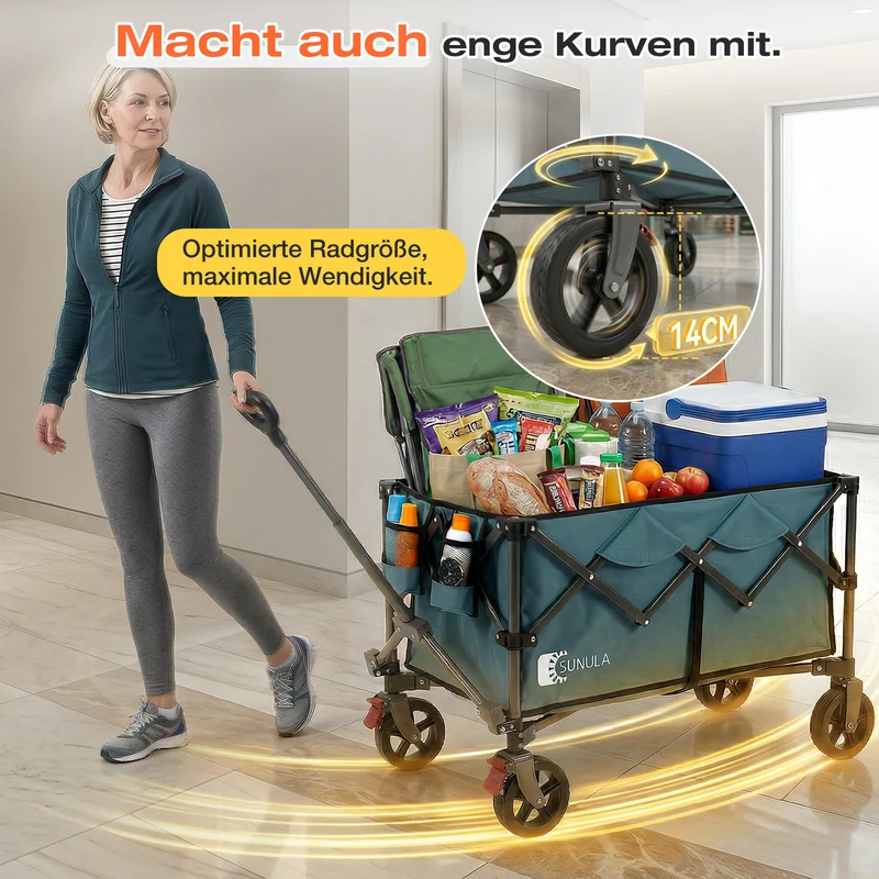 Sunula Faltbarer Bollerwagen 120 kg – 150L Handwagen mit Geländerädern, Bremsen & Einhandgriff, 3024