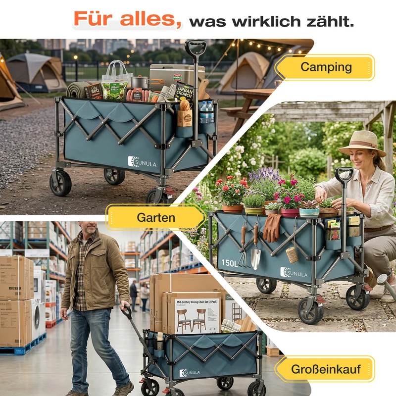 Sunula Faltbarer Bollerwagen 120 kg – 150L Handwagen mit Geländerädern, Bremsen & Einhandgriff, 3024