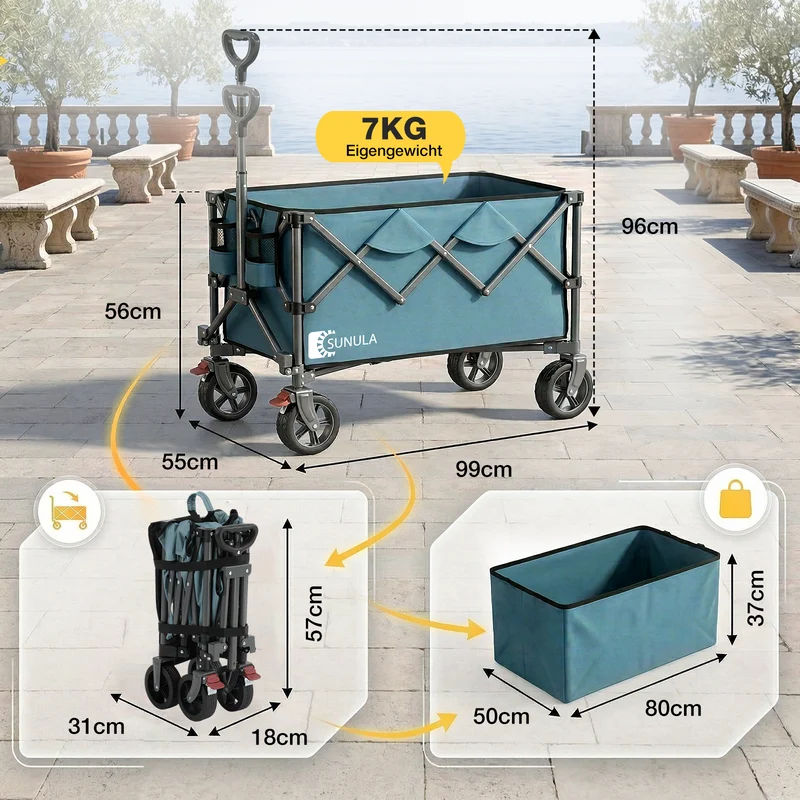 Sunula Faltbarer Bollerwagen 120 kg – 150L Handwagen mit Geländerädern, Bremsen & Einhandgriff, 3024