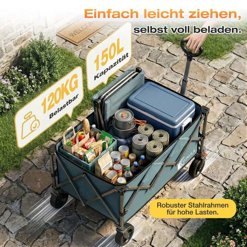 Sunula Faltbarer Bollerwagen 120 kg – 150L Handwagen mit Geländerädern, Bremsen & Einhandgriff, 3024