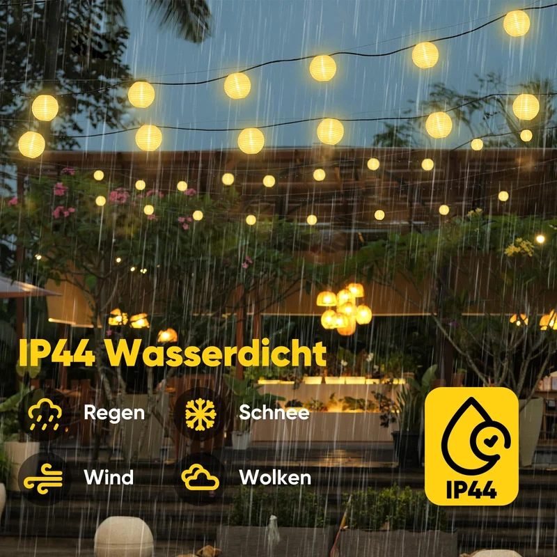 Salcar LED Lichterkette Außen mit Lampions – Warmweiß, Wetterfest, Timer & 8 Modi, Strombetrieben für Garten, Terrasse, Balkon & Hof