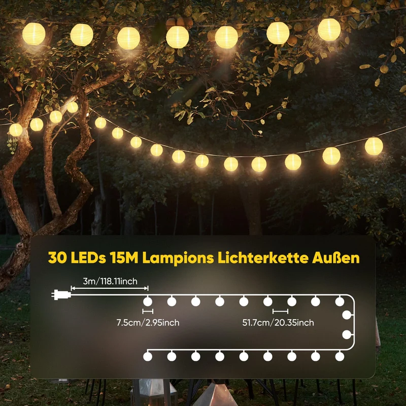 Salcar LED Lichterkette Außen mit Lampions – Warmweiß, Wetterfest, Timer & 8 Modi, Strombetrieben für Garten, Terrasse, Balkon & Hof