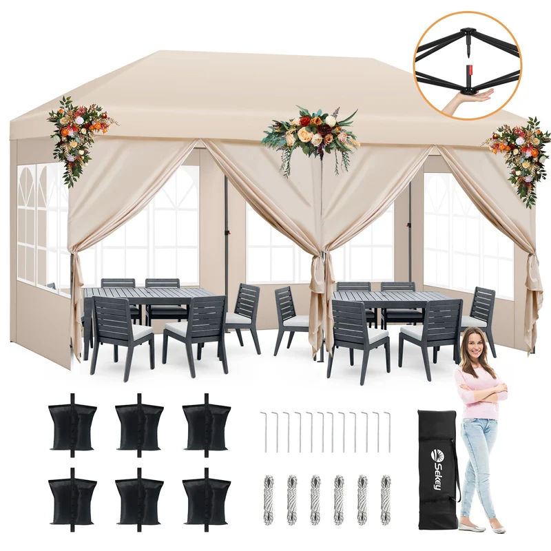 Sekey Faltpavillon 3x6m mit 6 Seitenteilen, One-Touch-System, UV50+ & wasserdicht, Höhenverstellbar (250–270cm), inkl. Sandsäcke & Tragetasche