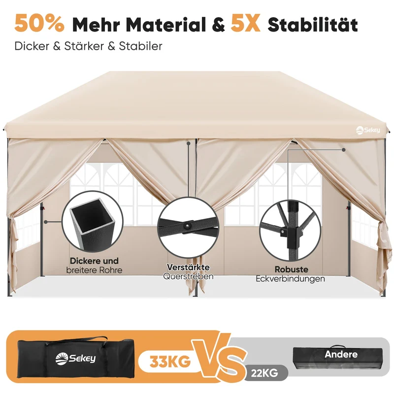 Sekey Faltpavillon 3x6m mit 6 Seitenteilen, One-Touch-System, UV50+ & wasserdicht, Höhenverstellbar (250–270cm), inkl. Sandsäcke & Tragetasche