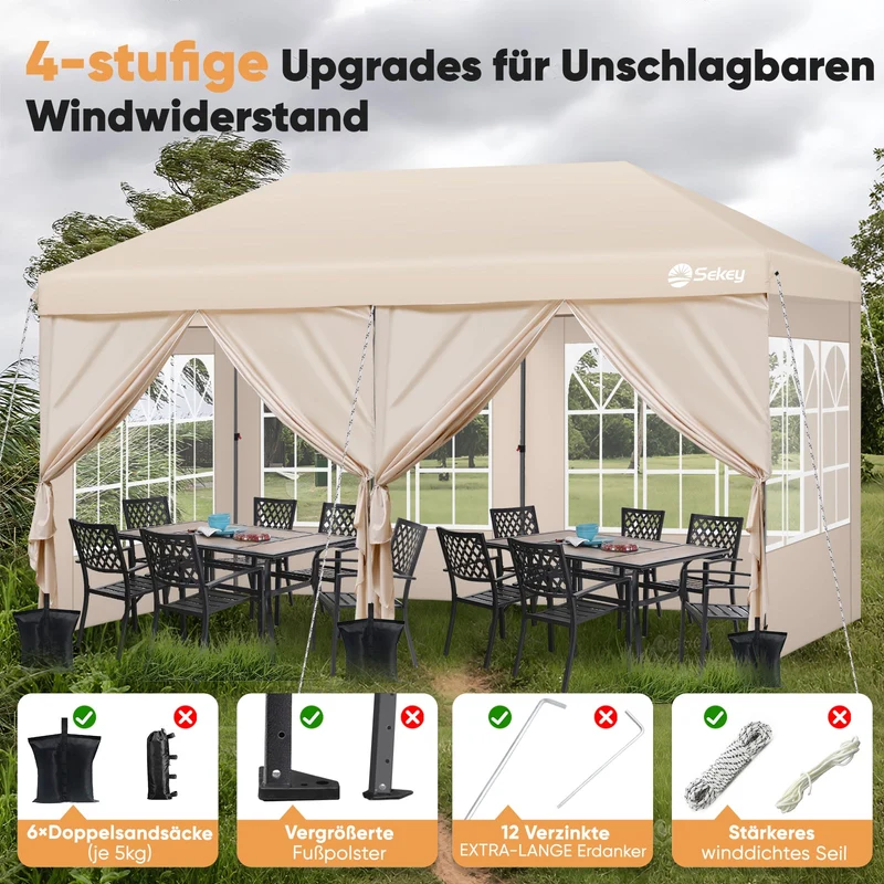 Sekey Faltpavillon 3x6m mit 6 Seitenteilen, One-Touch-System, UV50+ & wasserdicht, Höhenverstellbar (250–270cm), inkl. Sandsäcke & Tragetasche