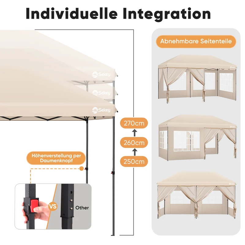 Sekey Faltpavillon 3x6m mit 6 Seitenteilen, One-Touch-System, UV50+ & wasserdicht, Höhenverstellbar (250–270cm), inkl. Sandsäcke & Tragetasche