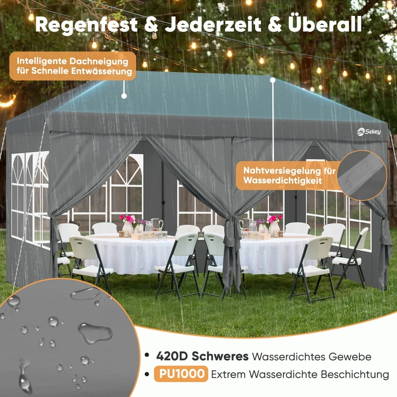Sekey Faltpavillon 3x6m mit 6 Seitenteilen, One-Touch-System, UV50+ & wasserdicht, Höhenverstellbar (250–270cm), inkl. Sandsäcke & Tragetasche