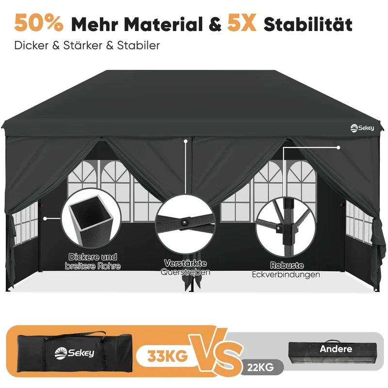 Sekey Faltpavillon 3x6m mit 6 Seitenteilen, One-Touch-System, UV50+ & wasserdicht, Höhenverstellbar (250–270cm), inkl. Sandsäcke & Tragetasche