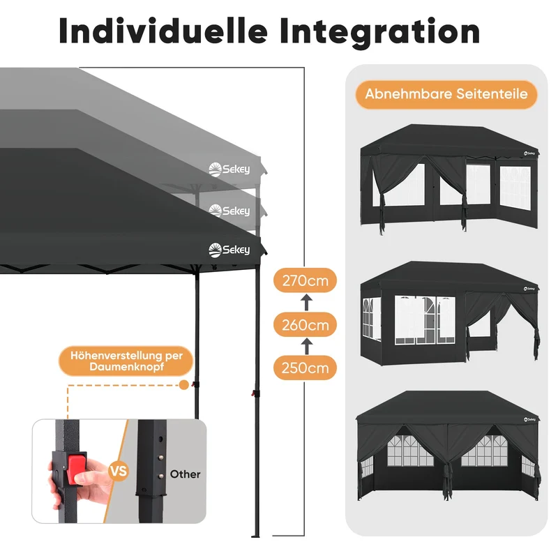 Sekey Faltpavillon 3x6m mit 6 Seitenteilen, One-Touch-System, UV50+ & wasserdicht, Höhenverstellbar (250–270cm), inkl. Sandsäcke & Tragetasche