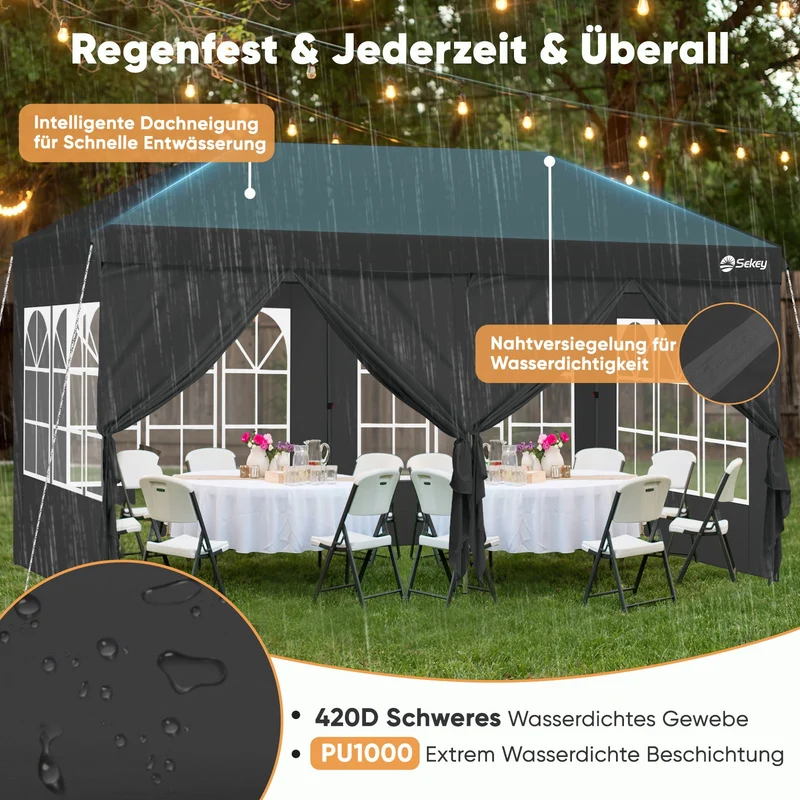Sekey Faltpavillon 3x6m mit 6 Seitenteilen, One-Touch-System, UV50+ & wasserdicht, Höhenverstellbar (250–270cm), inkl. Sandsäcke & Tragetasche