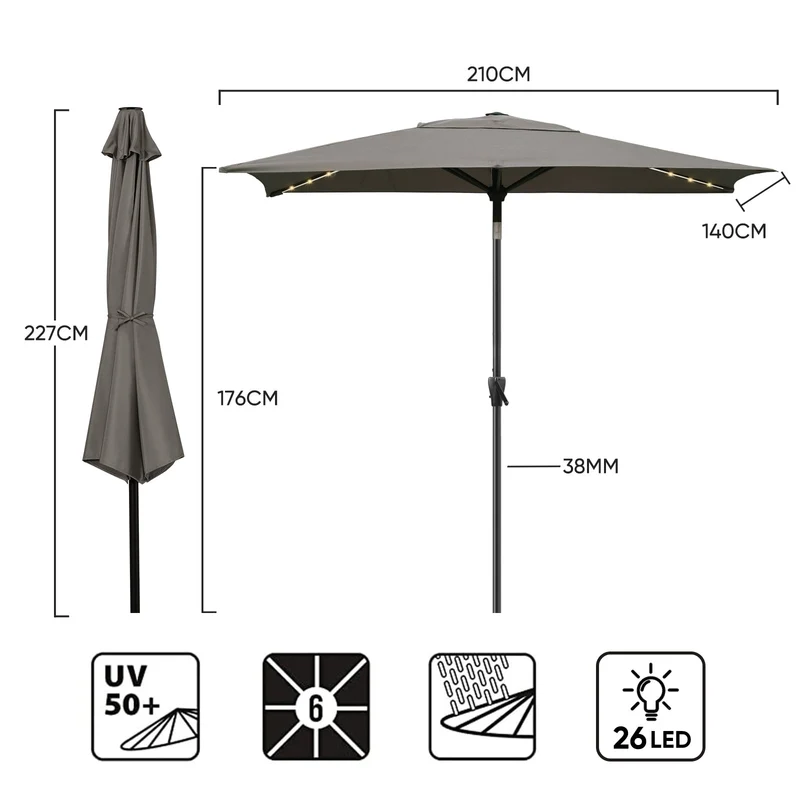 Sekey Sonnenschirm 210 x 140 cm Aluminum Sonnenschirm Rechteckig, mit Kurbel
