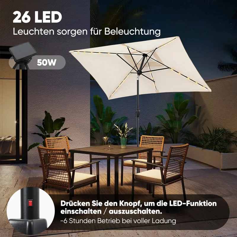 Sekey Sonnenschirm 210 x 140 cm Aluminum Sonnenschirm Rechteckig, mit Kurbel