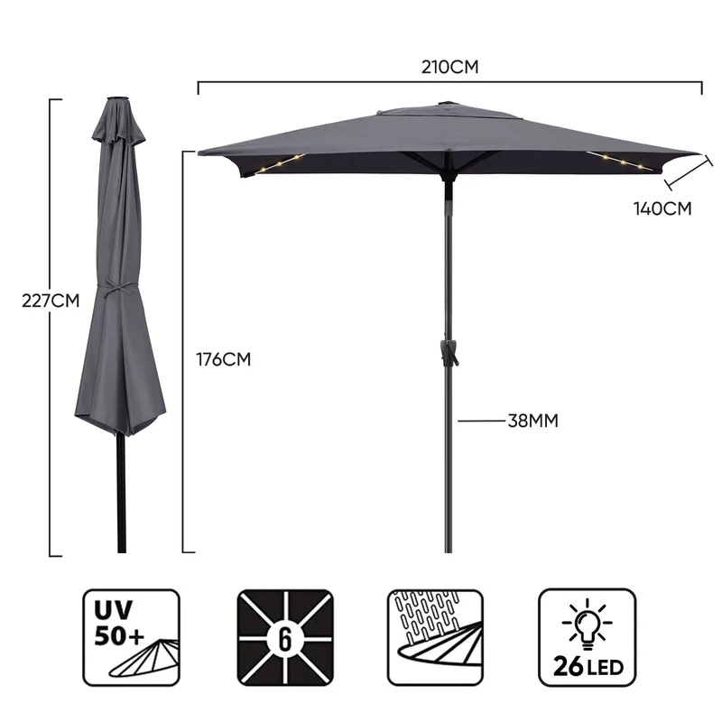 Sekey Sonnenschirm 210 x 140 cm Aluminum Sonnenschirm Rechteckig, mit Kurbel