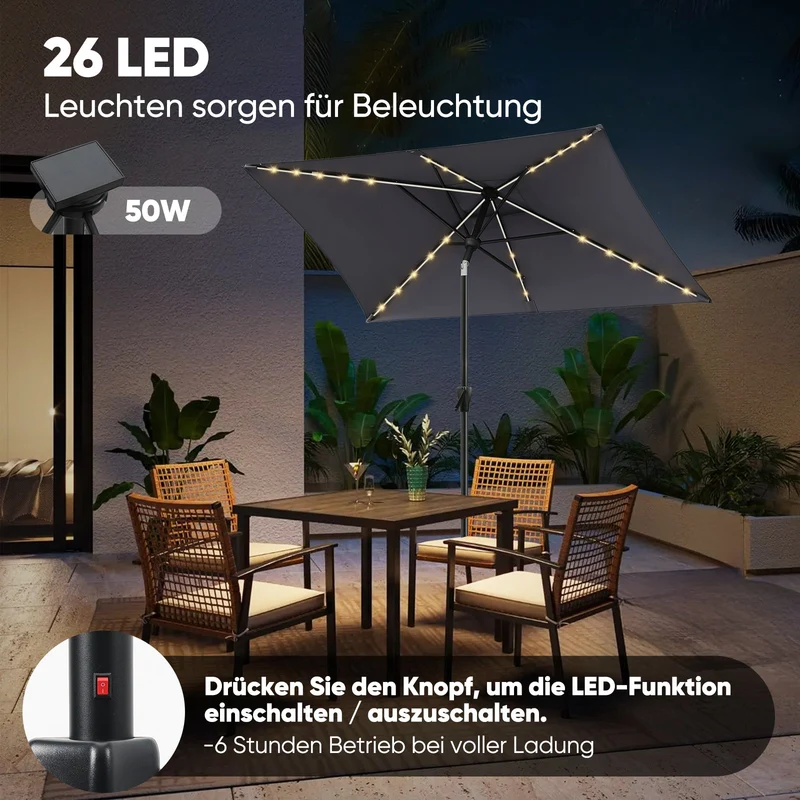 Sekey Sonnenschirm 210 x 140 cm Aluminum Sonnenschirm Rechteckig, mit Kurbel
