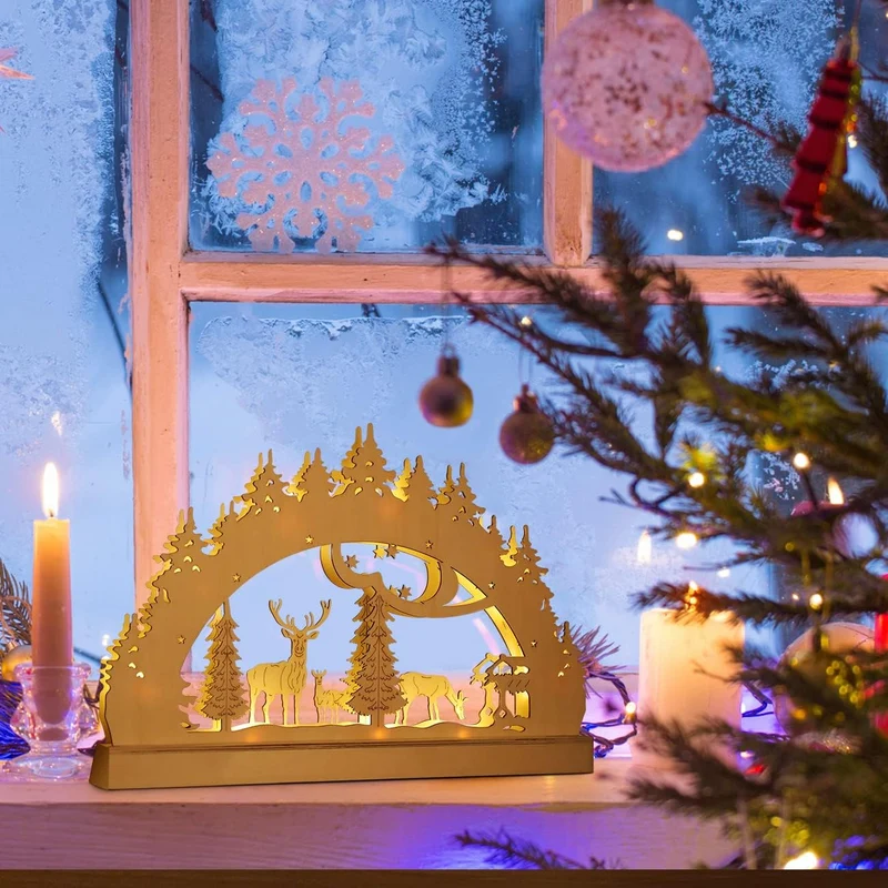 Salcar LED Schwibbogen Weihnachten mit 10 LEDs – Batteriebetriebener Holz-Lichterbogen, Warmweißes Licht, Weihnachtsdeko für Innen, Fenster & Tisch