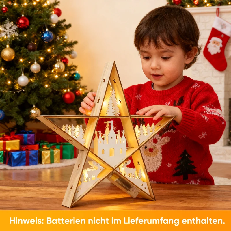 Salcar LED Stern aus Holz 30 cm – Warmweiß leuchtende Weihnachtsdeko Tischlampe, Batteriebetrieben, Winter- & Adventsdekoration für Tisch & Fenster