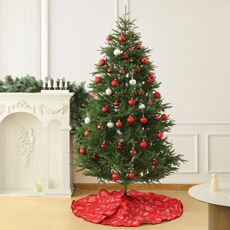 Salcar Beidseitig bestickte Weihnachtsbaumdecke in Rot und Weiß – Doppelseitiger Christbaumrock mit Rentier- & Schneeflockenmotiv