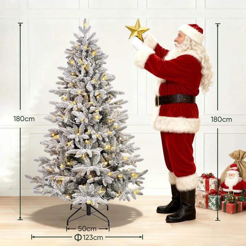 Salcar Künstlicher Weihnachtsbaum mit Schnee und LED Beleuchtung – Realistischer Tannenbaum mit Metallständer, 180 cm / 210 cm, warmweißes Licht