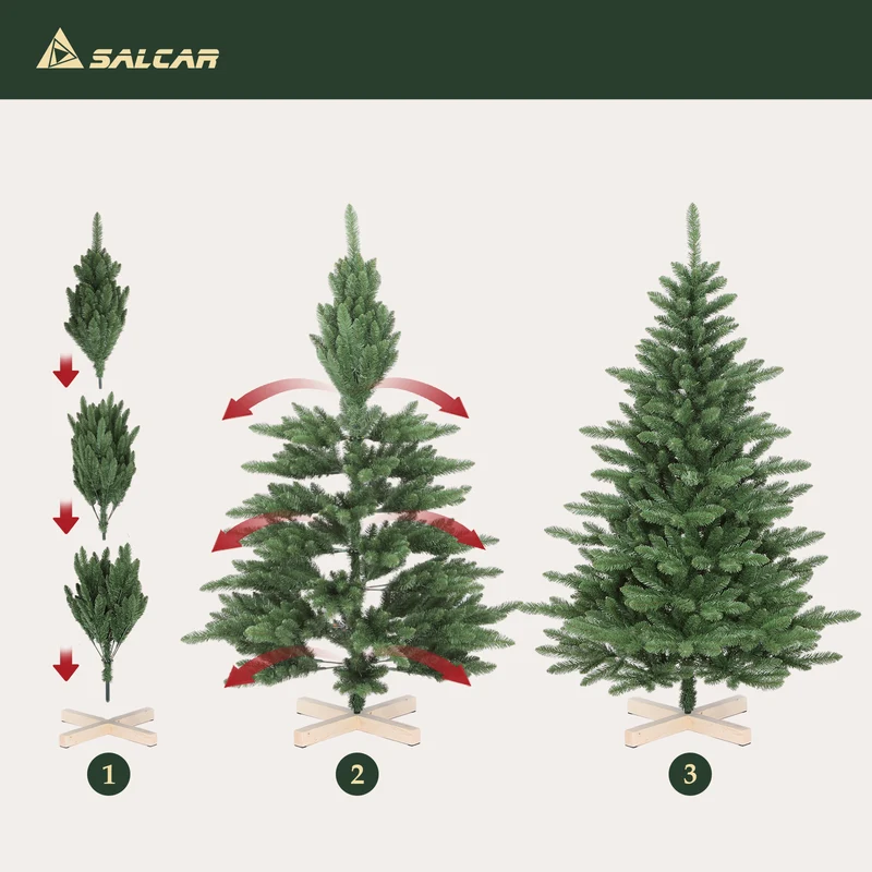 Salcar Künstlicher Weihnachtsbaum 180 cm / 210 cm – Realistischer PVC Tannenbaum mit Holzständer für Innen & Außen