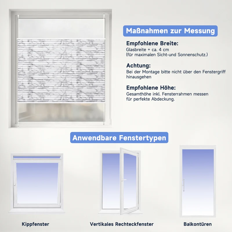 Sekey Plissee ohne Bohren Lichtschutz Rollo Klemmfix aus Vliesstoff für Fenster & Türen, in grauer Marmoroptik