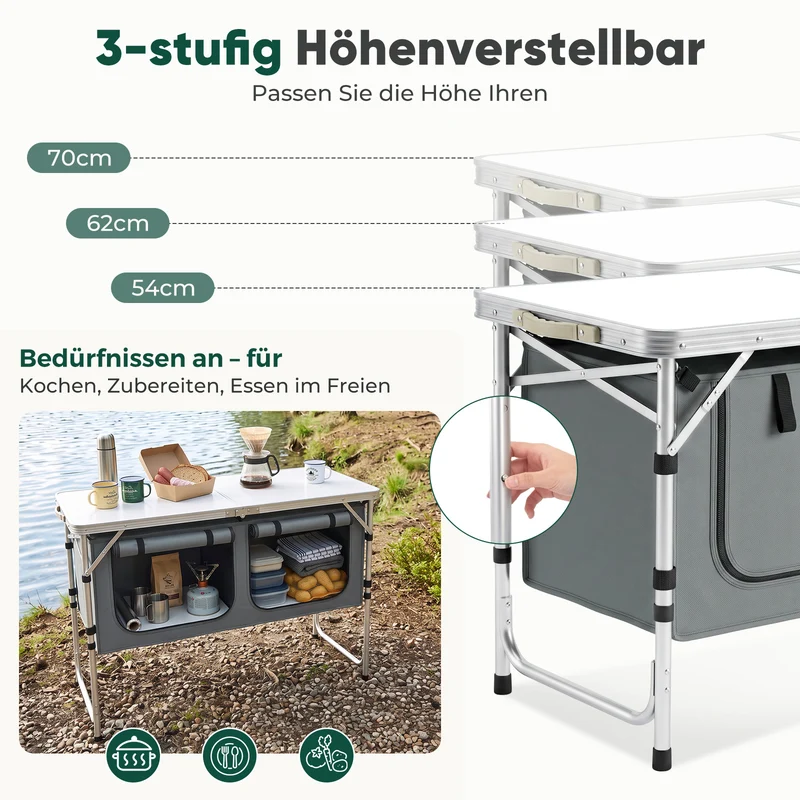 Sekey Campingtisch faltbar 120 cm, höhenverstellbarer Campingtisch mit 2 Staufächern, Outdoor Campingküche mit Aluminiumgestell, 54–70 cm, inkl. Tragetasche