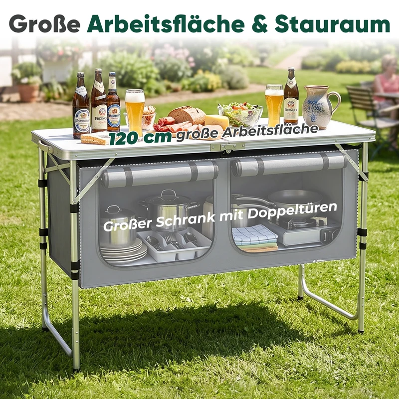 Sekey Campingtisch faltbar 120 cm, höhenverstellbarer Campingtisch mit 2 Staufächern, Outdoor Campingküche mit Aluminiumgestell, 54–70 cm, inkl. Tragetasche