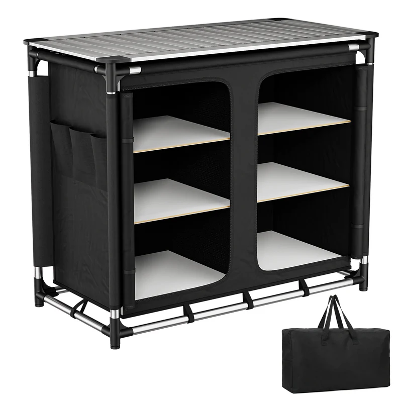 Sekey Campingschrank faltbar mit rollbarer Aluminium-Tischplatte, Campingküche Outdoor 79 × 48 × 96 cm, 6 Fächer, Aluminiumgestell, Camping Tisch mit Stauraum für Wohnmobil, Garten & Festival
