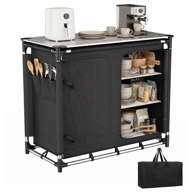 Sekey Campingschrank faltbar mit rollbarer Aluminium-Tischplatte, Campingküche Outdoor 79 × 48 × 96 cm, 6 Fächer, Aluminiumgestell, Camping Tisch mit Stauraum für Wohnmobil, Garten & Festival