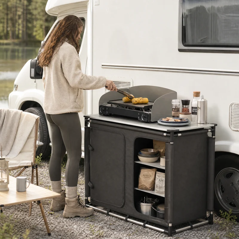 Sekey Campingschrank faltbar mit rollbarer Aluminium-Tischplatte, Campingküche Outdoor 79 × 48 × 96 cm, 6 Fächer, Aluminiumgestell, Camping Tisch mit Stauraum für Wohnmobil, Garten & Festival