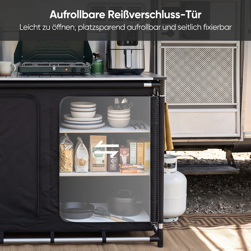 Sekey Campingschrank faltbar mit rollbarer Aluminium-Tischplatte, Campingküche Outdoor 79 × 48 × 96 cm, 6 Fächer, Aluminiumgestell, Camping Tisch mit Stauraum für Wohnmobil, Garten & Festival