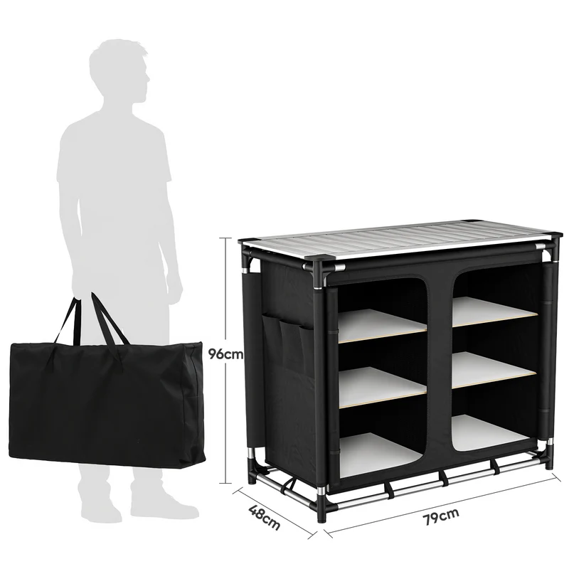 Sekey Campingschrank faltbar mit rollbarer Aluminium-Tischplatte, Campingküche Outdoor 79 × 48 × 96 cm, 6 Fächer, Aluminiumgestell, Camping Tisch mit Stauraum für Wohnmobil, Garten & Festival