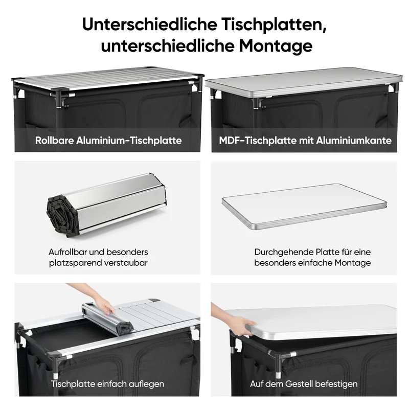 Sekey Campingschrank faltbar mit rollbarer Aluminium-Tischplatte, Campingküche Outdoor 79 × 48 × 96 cm, 6 Fächer, Aluminiumgestell, Camping Tisch mit Stauraum für Wohnmobil, Garten & Festival