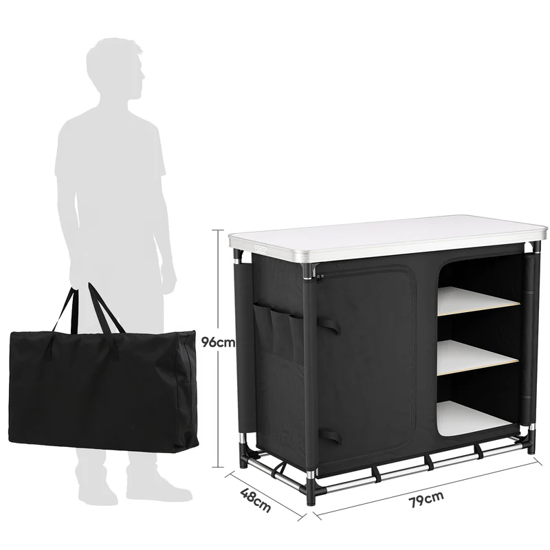 Sekey Campingschrank faltbar mit Tischplatte, Campingküche Outdoor 79 x 48 x 96 cm, Campingküche mit 6 Fächern, Aluminiumgestell, MDF-Arbeitsplatte, für Camping, Wohnmobil & Garten