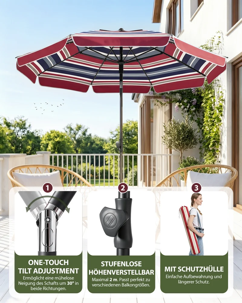 Sunula Sonnenschirm 180 cm, Balkonschirm mit Schutzhülle, höhenverstellbar & knickbar, UPF 50+ UV-Schutz, Gartenschirm mit Metallmast für Balkon, Terrasse & Garten