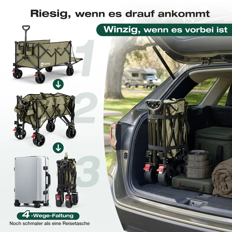 Sekey Bollerwagen faltbar bis 150 kg, 160–240 L Handwagen mit erweiterbarer Heckklappe, faltbarer Transportwagen mit 360° Rädern & Bremse, 600D Oxford-Stoff, für Garten, Camping & Hund, 3027