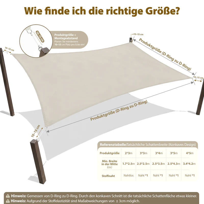 Sekey Sonnensegel Wasserdicht Rechteckig – ohne Mittelnaht, 160 g/m² PES, mit Edelstahl-Ringen & Lotus-Effekt, reißfest, 95% UV-Schutz für Balkon, Terrasse & Garten, Taupe