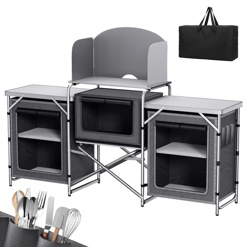 Sekey XXL Campingtisch & Campingschrank Faltbar – Campingküche mit Aluminiumgestell, Windschutz, Arbeitsfläche & 5 Staufächern, Tragbar und Zusammenklappbar