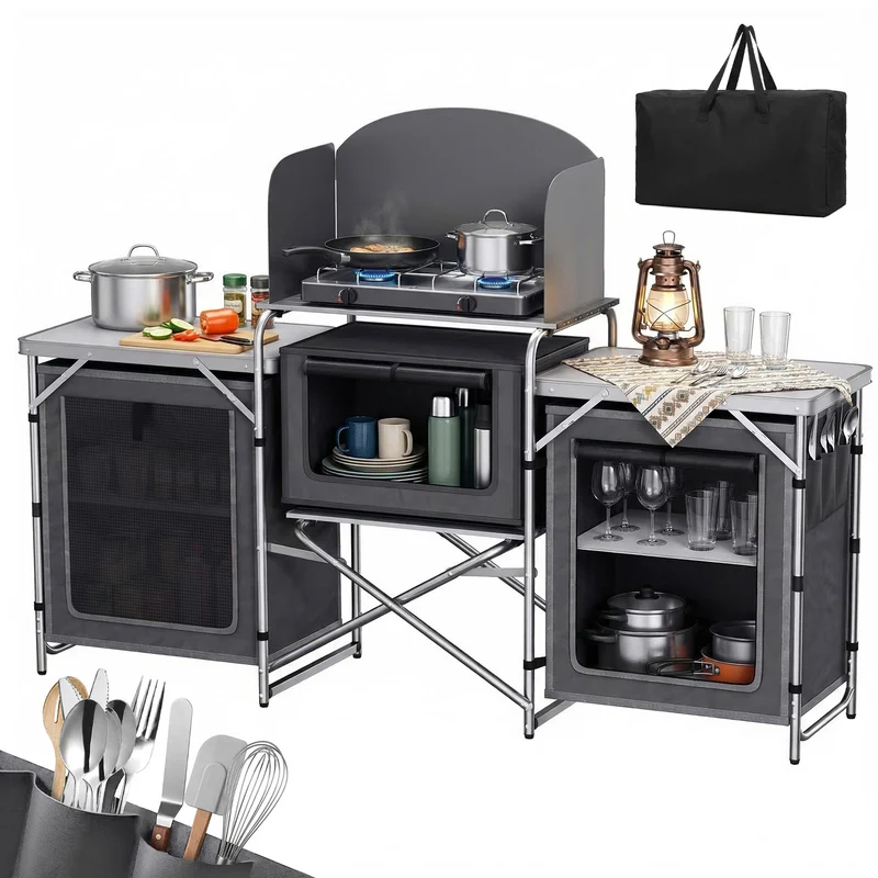 Sekey XXL Campingtisch & Campingschrank Faltbar – Campingküche mit Aluminiumgestell, Windschutz, Arbeitsfläche & 5 Staufächern, Tragbar und Zusammenklappbar